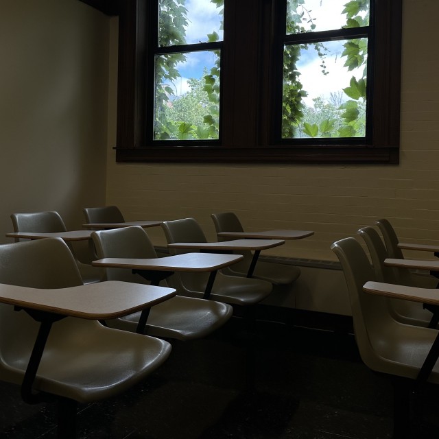 empty classroom with big windows